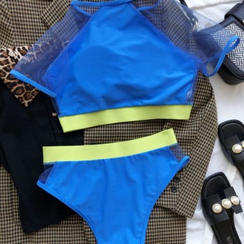 2021 Sexy Mesh Patchwork Bikini Swimwear Women Push Up High Waist Bikini Set Swimsuit Female New Two-Piece Biquini Bathing Suit